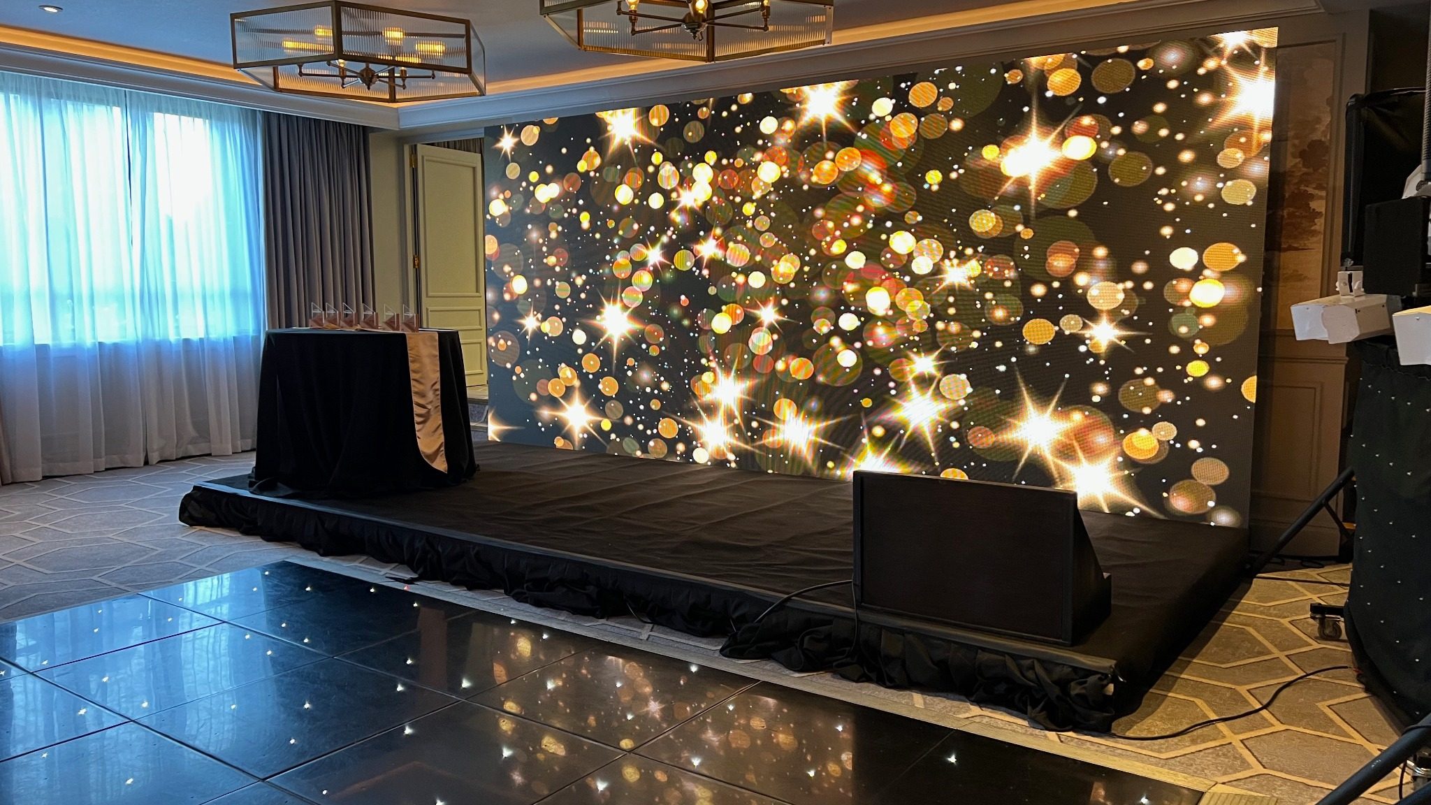 Gala event stage with LED video wall and dance floor