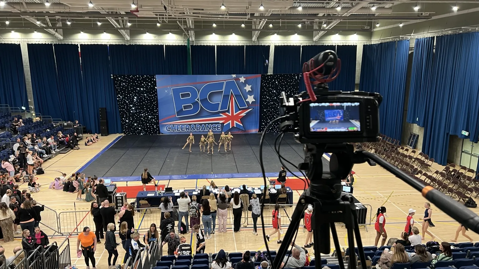 Elevated broadcast camera covering a national cheerleading championship