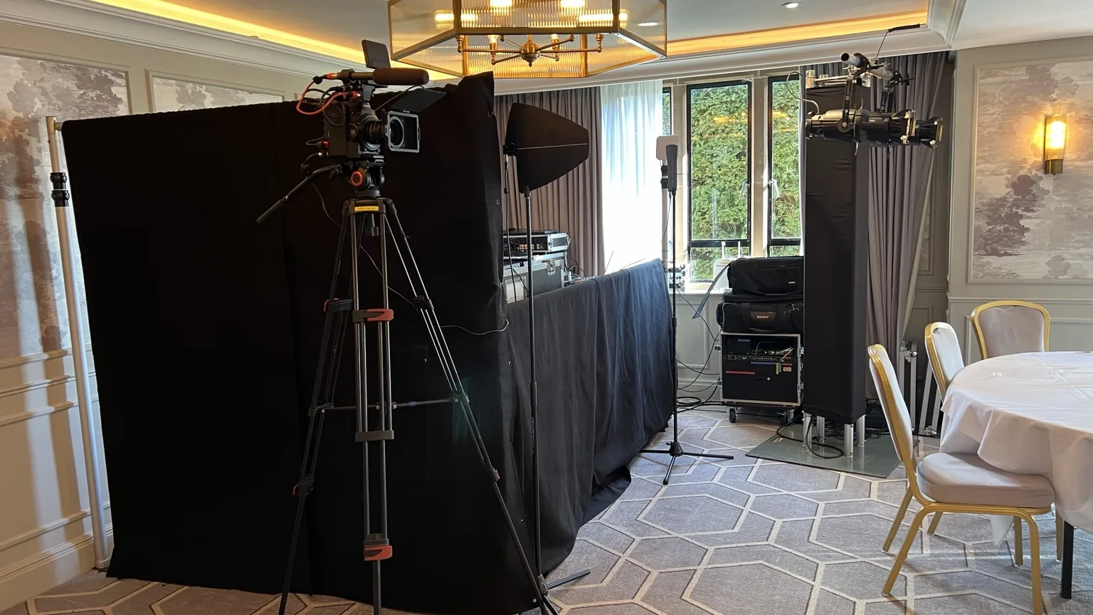 Corporate filming area with cameras, lighting and technical equipment