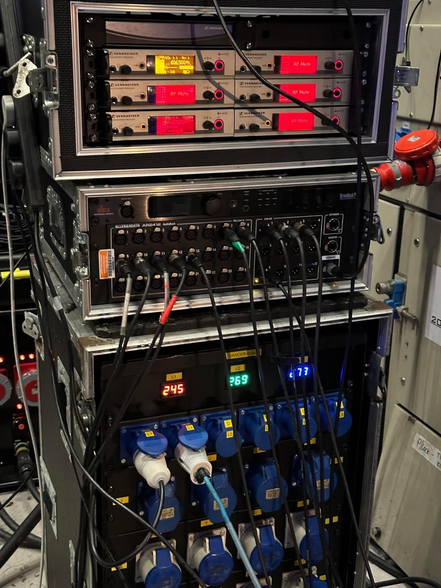 Event audio rack connected to temporary power distribution
