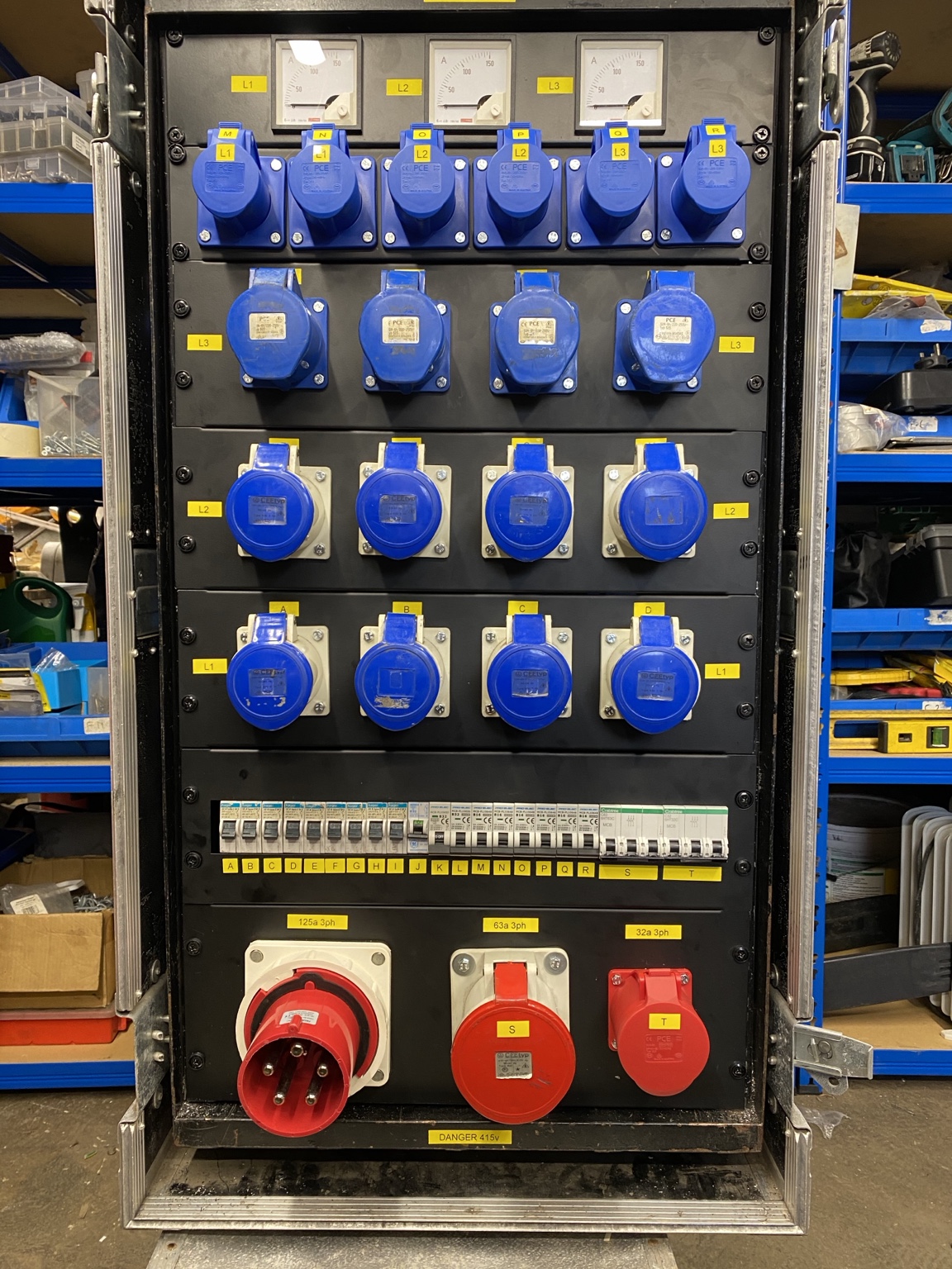 Three-phase temporary power distribution rack